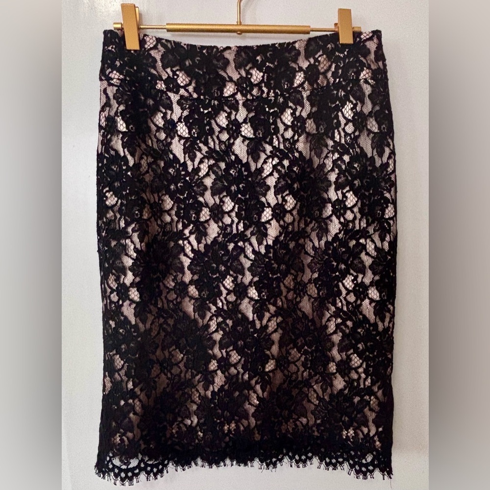 Banana Republic| Black Lace Cocktail Pencil Skirt with Blush Satin Underlay Sz 4